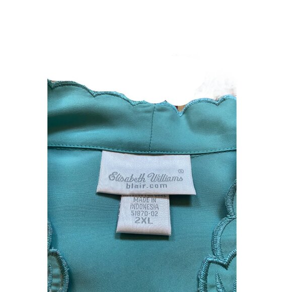 Vintage Elizabeth Williams Embroidered Floral Blouse Teal Size 2X Cottage Boho - Picture 3 of 11